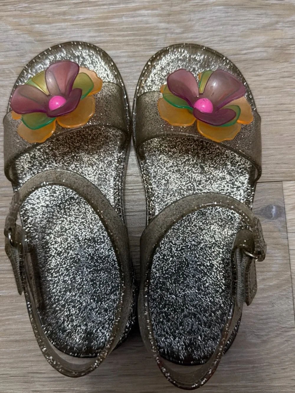 Cat & Jack Glitter Gold Jelly Sandals with Multicolor Flower